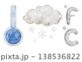 Watercolor snow cloud with cold snowflakes, thermometer, and temperature symbols Celsius and Fahrenheit. Weather icon illustration. Set of meteorology and climate elements for kids lessons, preschool 138536822