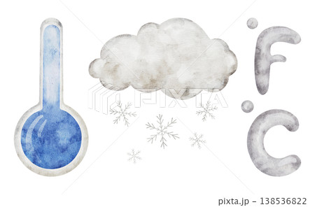 Watercolor snow cloud with cold snowflakes, thermometer, and temperature symbols Celsius and Fahrenheit. Weather icon illustration. Set of meteorology and climate elements for kids lessons, preschool Watercolor snow cloud with cold snowflakes, thermometer, and temperature symbols Celsius and Fahrenheit. Weather icon illustration. Set of meteorology and climate elements for kids lessons, preschool 138536822