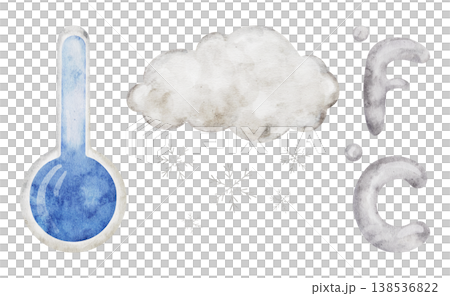 Watercolor snow cloud with cold snowflakes, thermometer, and temperature symbols Celsius and Fahrenheit. Weather icon illustration. Set of meteorology and climate elements for kids lessons, preschool Watercolor snow cloud with cold snowflakes, thermometer, and temperature symbols Celsius and Fahrenheit. Weather icon illustration. Set of meteorology and climate elements for kids lessons, preschool 138536822