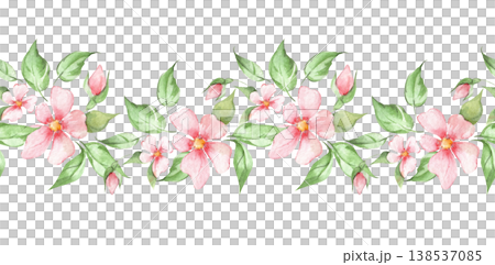 Seamless border pattern with pink watercolor flowers, buds and green leaves. Romantic botanical illustration Seamless border pattern with pink watercolor flowers, buds and green leaves. Romantic botanical illustration 138537085