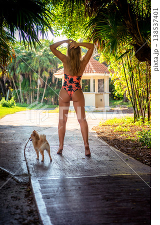 Woman with small dog on tropical resort pathway at sunrise 138537401
