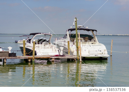 White luxury yachts docked at wooden marina pier White luxury yachts docked at wooden marina pier 138537536
