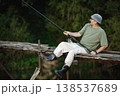 Man with fishing rod near the lake fishing at summer. Fisherman sitting on a footbridge. Man wearing khaki clothes and a cap. 138537689