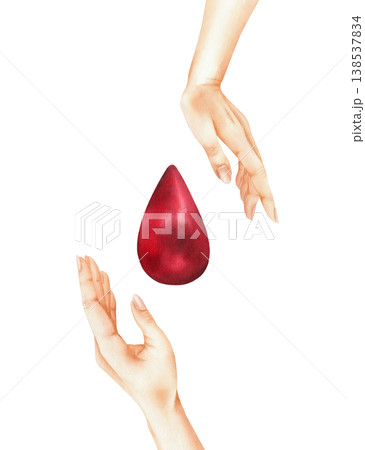 Bright red drop of blood between two human hands. Concept of donation, heroes of life, save life, support, medical care. Watercolor isolated hand painted illustration for card, posters, infographics Bright red drop of blood between two human hands. Concept of donation, heroes of life, save life, support, medical care. Watercolor isolated hand painted illustration for card, posters, infographics 138537834