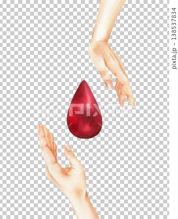 Bright red drop of blood between two human hands. Concept of donation, heroes of life, save life, support, medical care. Watercolor isolated hand painted illustration for card, posters, infographics Bright red drop of blood between two human hands. Concept of donation, heroes of life, save life, support, medical care. Watercolor isolated hand painted illustration for card, posters, infographics 138537834
