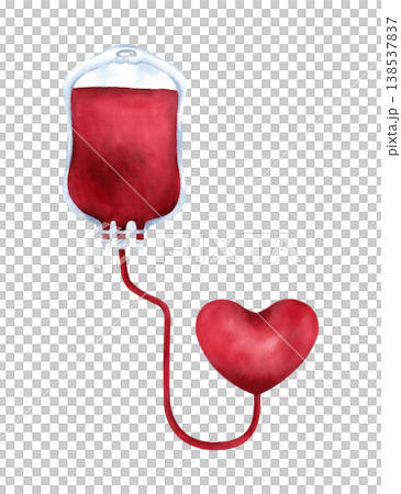 Watercolor blood bag transfusion with red tube is connected to heart. Hand painted isolated illustration. Concept blood donation for Blood Donor Day poster, card, medical support, cardiac treatment Watercolor blood bag transfusion with red tube is connected to heart. Hand painted isolated illustration. Concept blood donation for Blood Donor Day poster, card, medical support, cardiac treatment 138537837