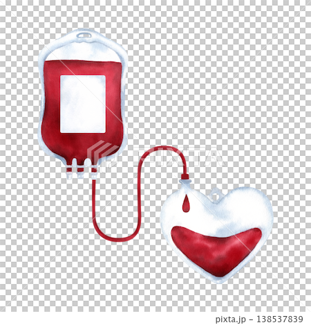 Classic blood bag with red tube is connected to heart-shaped blood bag. Drop drips into liquid. Watercolor isolated illustration for Blood Donor Day poster, card with copy space, medical support Classic blood bag with red tube is connected to heart-shaped blood bag. Drop drips into liquid. Watercolor isolated illustration for Blood Donor Day poster, card with copy space, medical support 138537839