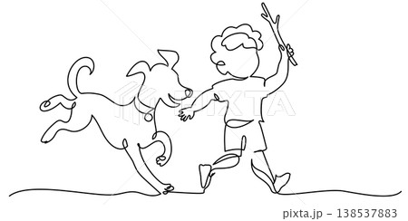 Little Boy run with big dog. Continuous one line drawing. Little Boy run with big dog. Continuous one line drawing. 138537883