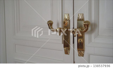 Art deco brass door handles on white double doors 138537936