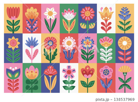 Flower grid of ornamental blooms arranged in tiled panels with bold shapes 138537969