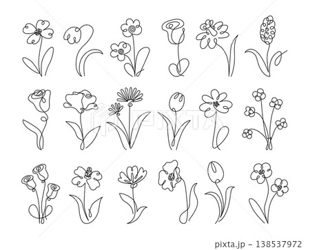 Flower bundle with assorted blooms and leaves drawn in continuous one line, arranged in a clean grid 138537972