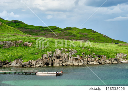 The nature of the Khasansky district of Primorsky Krai, Russia. The lip of the Teal of the Slavic Bay, the inner bay of Peter the Great in the summer. 138538096