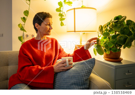 Positive relaxed senior woman enjoys slow life and cozy evening at home while resting on couch. Positive relaxed senior woman enjoys slow life and cozy evening at home while resting on couch. 138538469