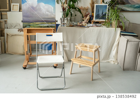Studio loft gallery workshop with painting equipment and tools for art hobby therapy and relaxation. 138538492