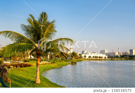 Scenic view of the Jaffali Mosque and a palm tree reflected in the Arbaeen Lagoon at sunset in Jeddah, Saudi Arabia. 138538575