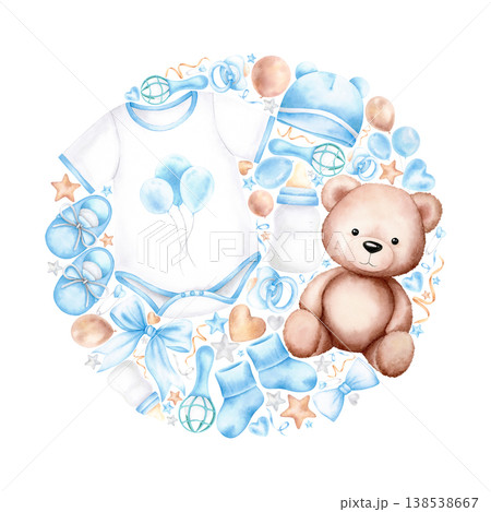 Watercolor baby boy items in solid circle. Blue newborn bodysuit, bottle, pacifier, hearts, stars, teddy bear. Hand drawn illustration isolated on white for invitations, birthday cards, stationery. 138538667