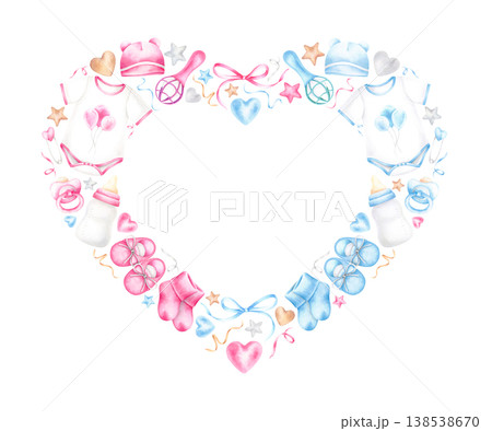 Heart frame of baby items, blue and pink balloons, stars. Hand drawn watercolor illustration isolated on white. Painted wreath with copy space for baby shower invitations, birthday cards, stationery. Heart frame of baby items, blue and pink balloons, stars. Hand drawn watercolor illustration isolated on white. Painted wreath with copy space for baby shower invitations, birthday cards, stationery. 138538670