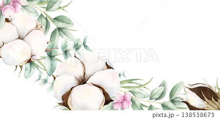 Cotton, eucalyptus leaves and snowberries elegant frame. Watercolor hand drawn illustration isolated on white. Botanical painting with copy space for greeting cards, wedding invitations, stationery. 138538673