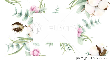 Watercolor cotton, eucalyptus and snowberries composition. Frame with copy space. Hand drawn botanical illustration isolated on white. Painting for wedding, birthday invitations, certificates design. 138538677