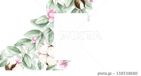 Cotton, eucalyptus leaves and snowberries elegant frame. Watercolor hand drawn illustration isolated on white. Botanical painting with copy space for greeting cards, wedding invitations, stationery. Cotton, eucalyptus leaves and snowberries elegant frame. Watercolor hand drawn illustration isolated on white. Botanical painting with copy space for greeting cards, wedding invitations, stationery. 138538680