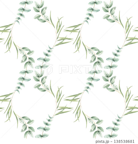 Elegant green eucalyptus leaves seamless pattern. Hand drawn watercolor illustration isolated on a white. Botanical artwork for textile, wrapping paper, wallpaper, invitations, wedding designs, prints Elegant green eucalyptus leaves seamless pattern. Hand drawn watercolor illustration isolated on a white. Botanical artwork for textile, wrapping paper, wallpaper, invitations, wedding designs, prints 138538681