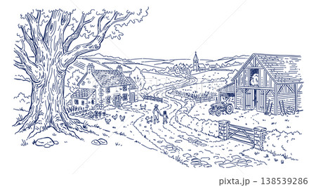Rural landscape. Vector hand-drawn sketch. Blue color Rural landscape. Vector hand-drawn sketch. Blue color 138539286