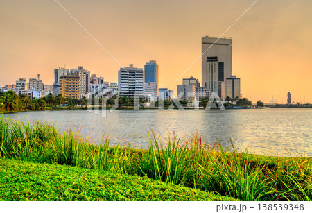 A view of the modern Jeddah city skyline across Lake Arbaeen in Saudi Arabia during sunset. A view of the modern Jeddah city skyline across Lake Arbaeen in Saudi Arabia during sunset. 138539348