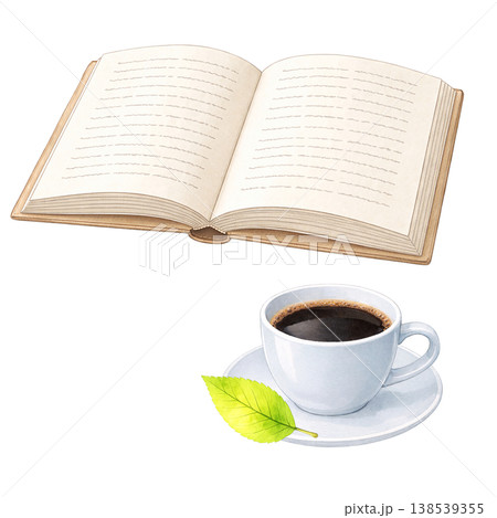 開いた本とコーヒー 水彩イラスト 読書とリラックス時間を表すナチュラル素材 開いた本とコーヒー 水彩イラスト 読書とリラックス時間を表すナチュラル素材 138539355