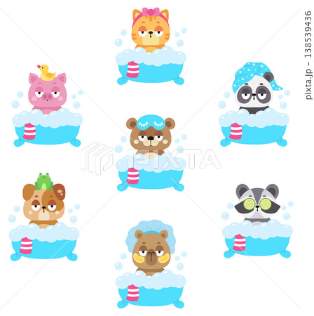 Set of cute, funny cartoon animals taking a bath. Bath accessories. Sticker collection. Vector illustrations, isolated on a white background 138539436
