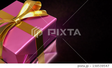 Luxury Pink Gift Box With Golden Ribbon On Dark Background 3d render. Luxury Pink Gift Box With Golden Ribbon On Dark Background 3d render. 138539547
