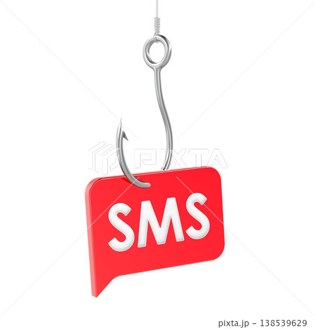 Fishing hook with SMS message. Concept of mobile marketing, phishing attack, spam message. 3d rendering 138539629