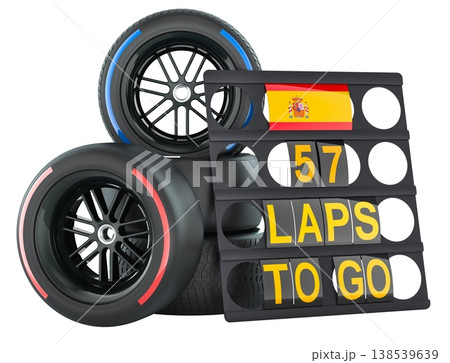 Spanish racing. Pit board with flag of Spain and racing wheels with different compounds type tyres. 3D rendering Spanish racing. Pit board with flag of Spain and racing wheels with different compounds type tyres. 3D rendering 138539639
