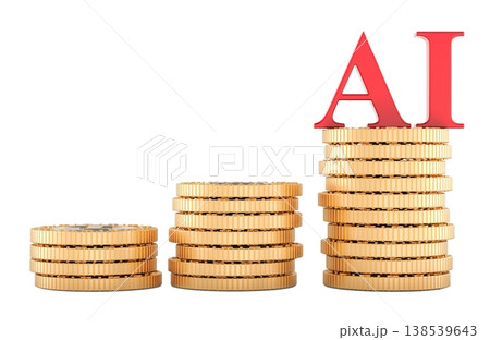 AI on growing stacks of gold coins. Concept of artificial intelligence investment growth, profit and increasing market value. 3d rendering 138539643
