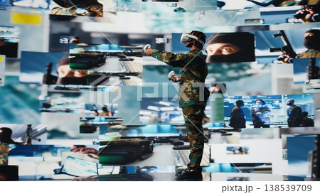 Military operator in war room oversees mission operations using virtual reality technology. Army soldier using VR headset equipment to do surveillance and threat monitoring, camera A 138539709