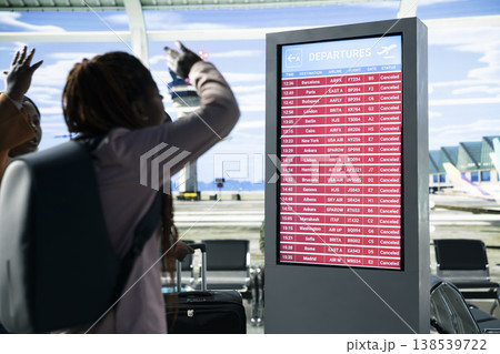 Group of travelers panicking after all flights cancelled crisis in airport terminal, red alert shown on departures information board. Passengers appear angry by disrupted travel plans. 138539722