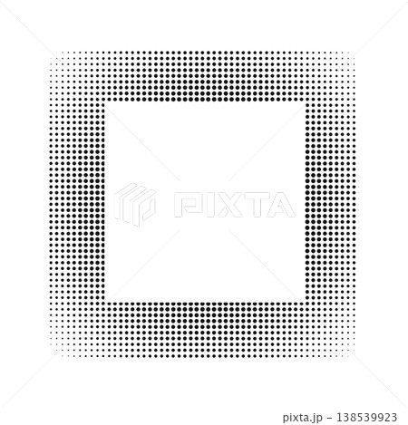 Square frame with dotty halftone texture. Quadrangular shape with faded pixel, noisy or grainy borders isolated on white background. Decorative design element. Vector graphic illustration Square frame with dotty halftone texture. Quadrangular shape with faded pixel, noisy or grainy borders isolated on white background. Decorative design element. Vector graphic illustration 138539923
