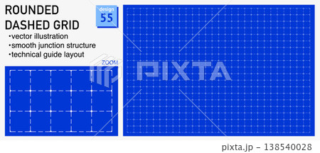 Blueprint grid system rounded dashed geometry, zoom detail view. Smooth junction structure demonstration, engineering Blueprint grid system rounded dashed geometry, zoom detail view. Smooth junction structure demonstration, engineering 138540028