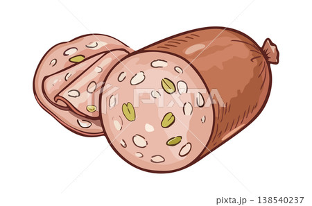 Boiled sausage with pistachios. Vector isolated illustration Boiled sausage with pistachios. Vector isolated illustration 138540237