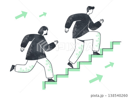 向上心と目標達成。階段を駆け上がる男女の挑戦。水彩イラスト 138540260