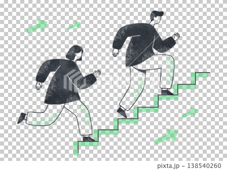 向上心と目標達成。階段を駆け上がる男女の挑戦。水彩イラスト 138540260