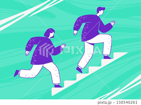 向上心と目標達成。階段を駆け上がる男女の挑戦。ミニマルイラスト 138540261
