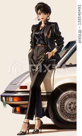 シティポップの世界観と1980年代の空気感を感じさせる女性と車のスタイリッシュなファッションイラスト シティポップの世界観と1980年代の空気感を感じさせる女性と車のスタイリッシュなファッションイラスト 138540491