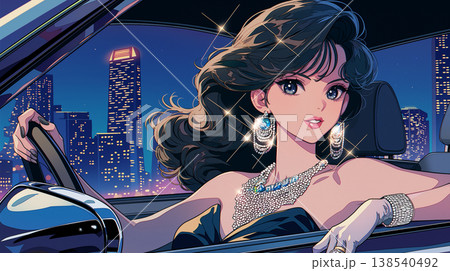 シティポップの世界観と1980年代の空気感を感じさせる女性と車のスタイリッシュなファッションイラスト シティポップの世界観と1980年代の空気感を感じさせる女性と車のスタイリッシュなファッションイラスト 138540492