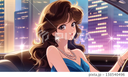 シティポップの世界観と1980年代の空気感を感じさせる女性と車のスタイリッシュなファッションイラスト シティポップの世界観と1980年代の空気感を感じさせる女性と車のスタイリッシュなファッションイラスト 138540496