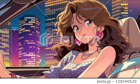 1980年代シティポップの雰囲気漂う女性と車のスタイリッシュなファッションイラスト、都会的で華やか 138540520