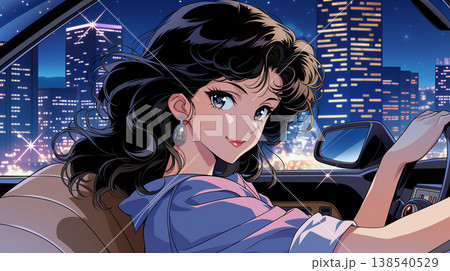 1980年代シティポップの雰囲気漂う女性と車のスタイリッシュなファッションイラスト、都会的で華やか 138540529