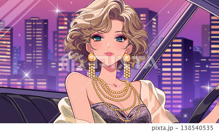 シティポップと1980年代の空気感を感じさせる女性と車のレトロファッションイラスト、都会的で上品 138540535