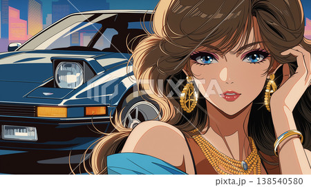 シティポップの世界観と1980年代の雰囲気を融合した女性と車のスタイリッシュなファッションイラスト 138540580
