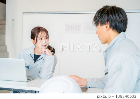 ミーティングをする作業服の男女 138540632