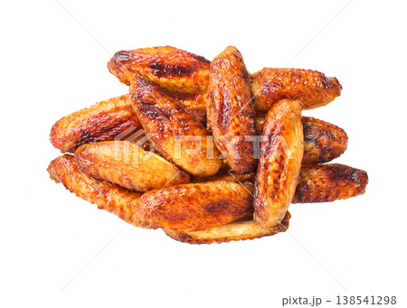 Grilled chicken wings isolated on white background, top view. bbq chicken wings isolated on a white background, top view. Grilled chicken wings isolated on white background, top view. bbq chicken wings isolated on a white background, top view. 138541298